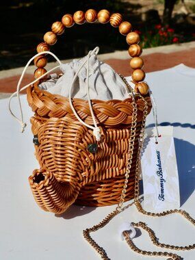 NWT Tommy Bahama Elephant Wicker Basket Bag Wood Bead Handle